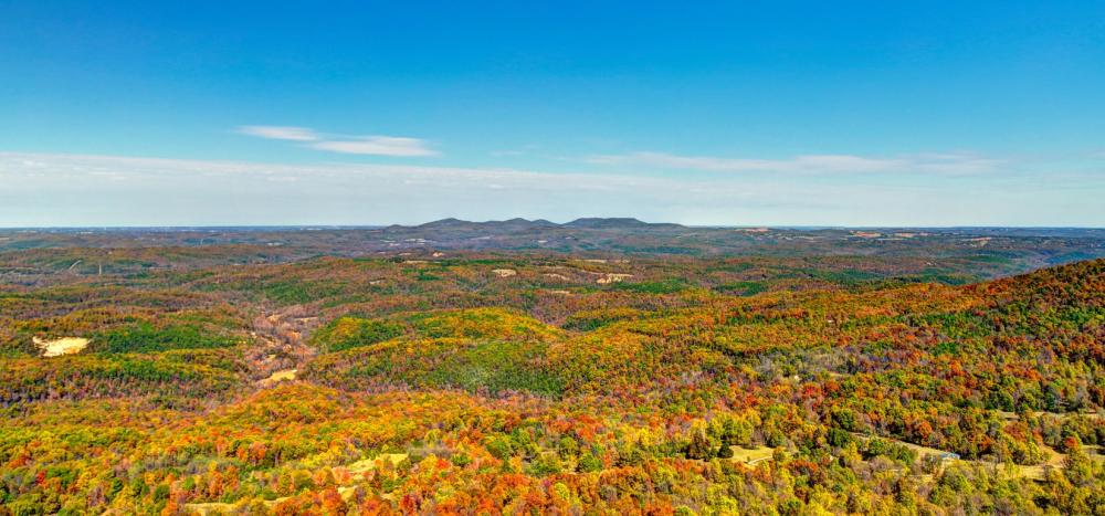 Colorful trees in Arkansas with mountains in the distance