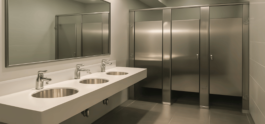 public restroom with stalls and sinks