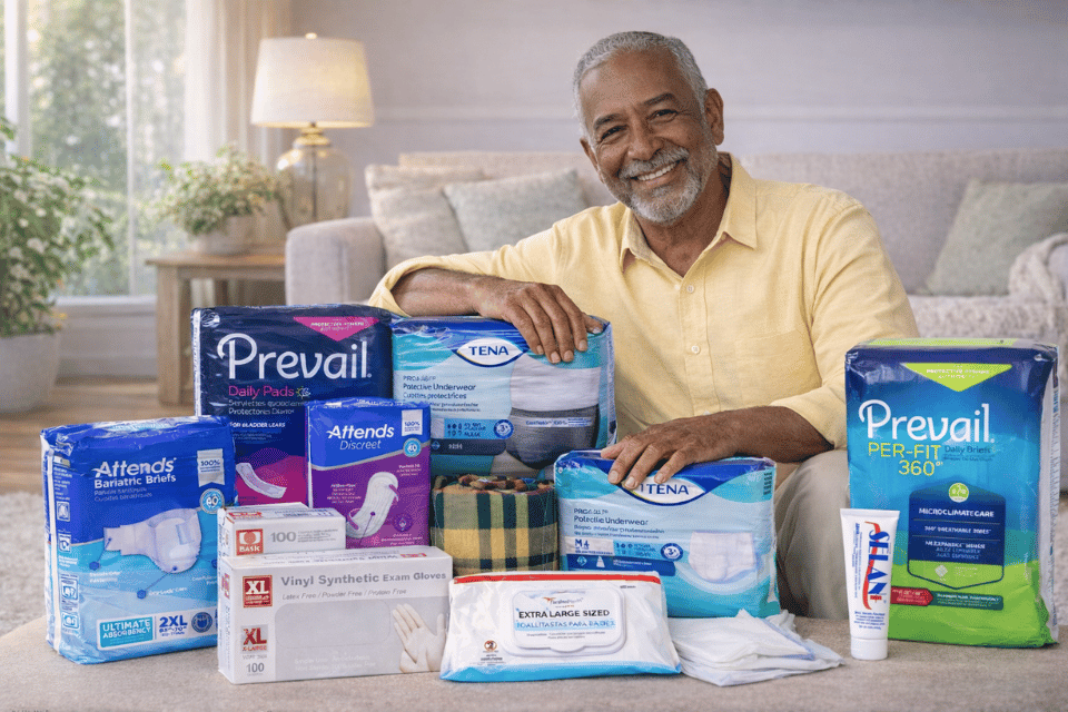 senior man with aeroflow adult products