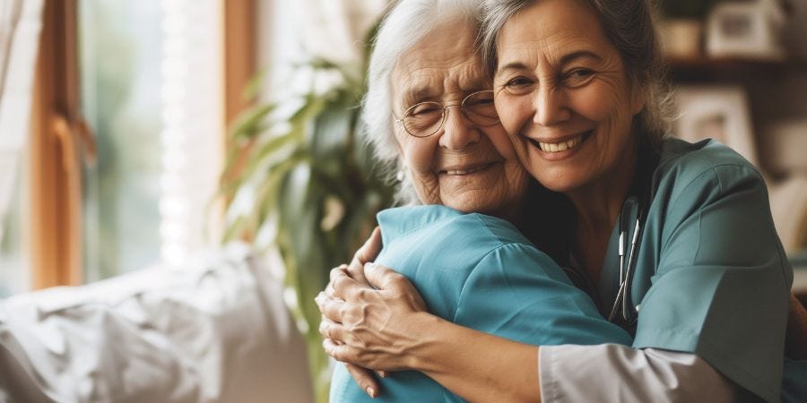 Woman caring for and hugging older adult