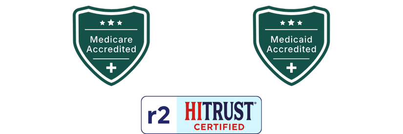 Accreditation and certification badges for Medicare, Medicaid, and HITRUST r2 certified
