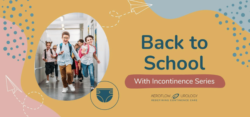 back to school with incontinence hero with kids wearing backpacks at school
