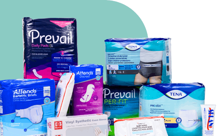 aeroflow incontinence products including Prevail, Attends, and TENA