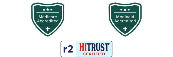 Accreditation and certification badges for Medicare, Medicaid, and HITRUST