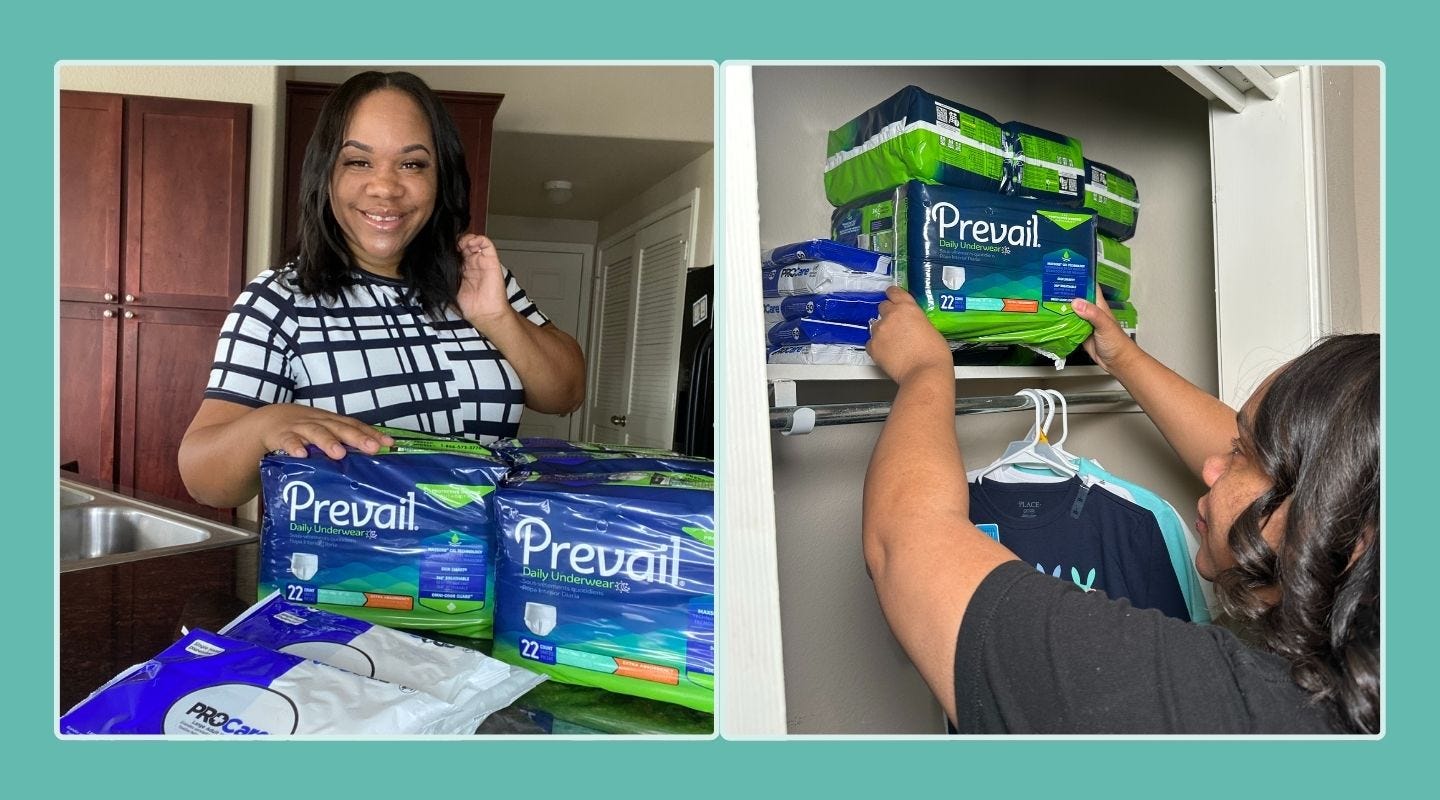 Images of Camille Robinson with incontinence products