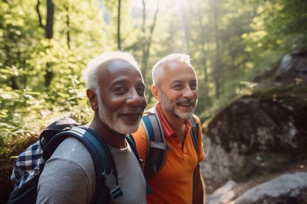 gay male couple hiking in woods