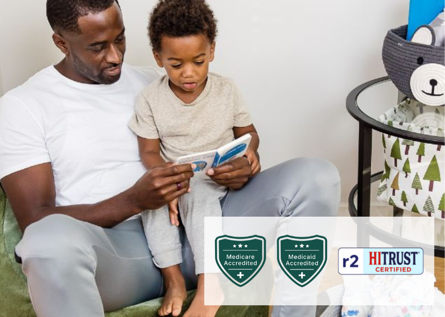 father and son with medicare medicaid and hitrust accreditation icons