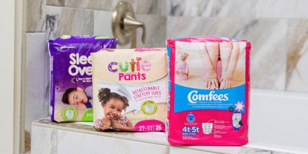 Pediatric incontinence products in bathroom