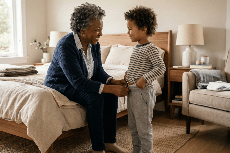 senior woman with child wearing a diaper