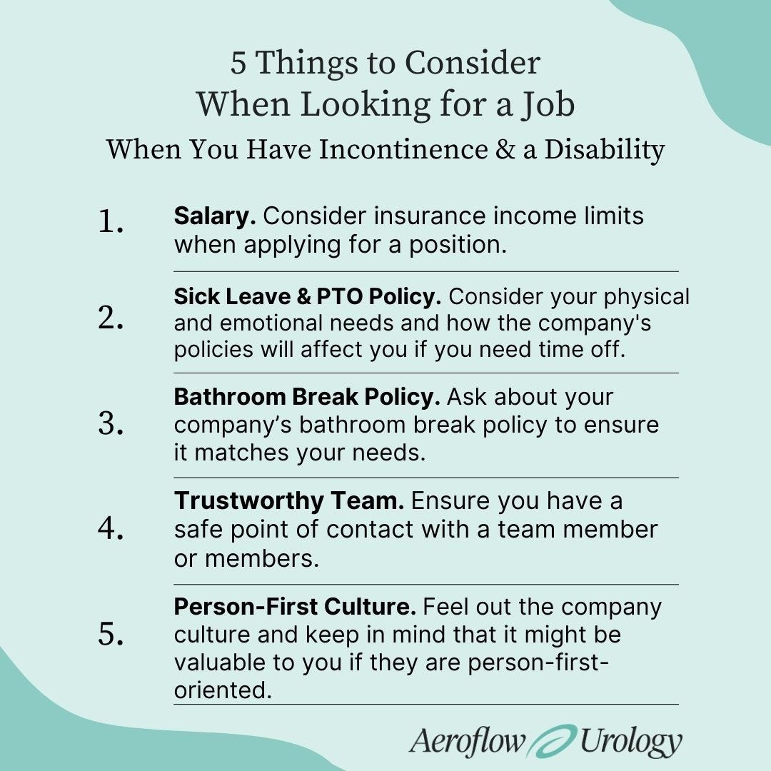 Image describing 5 things to consider when looking for a job when you have incontinence and a disability.